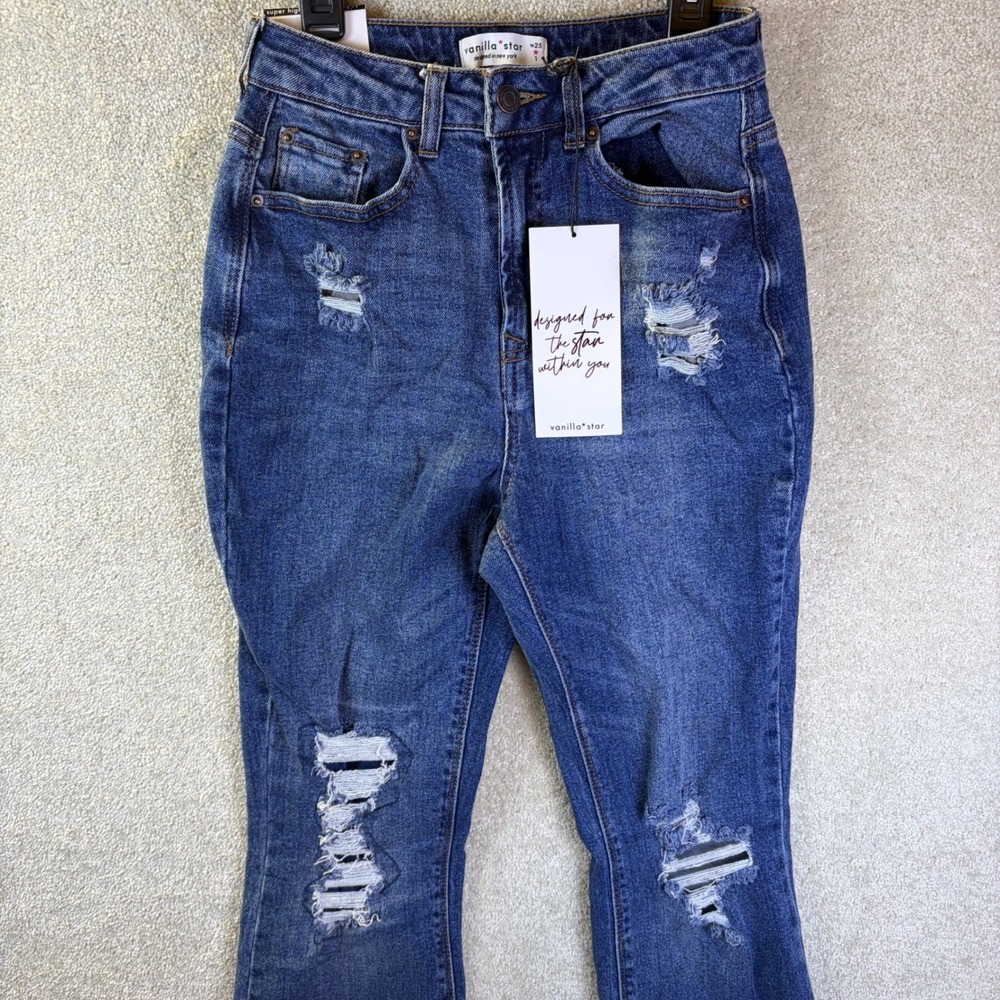Vanilla Star Rip & Repair Flare Jeans Women Juniors 25 Blue Distressed High Rise